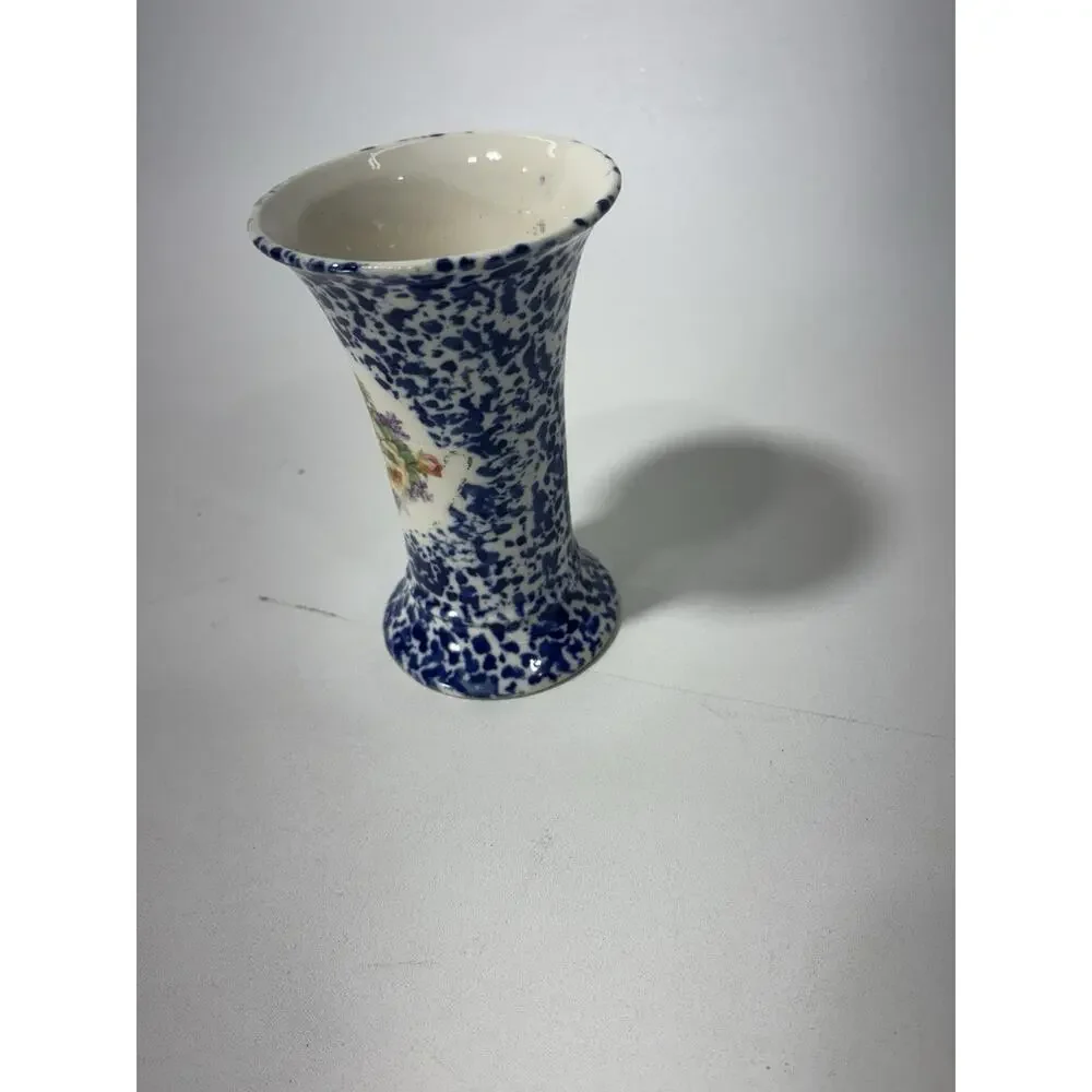 Antique Meco Czecho Slovakia Blue Spongeware Floral Art Pottery Vase 6